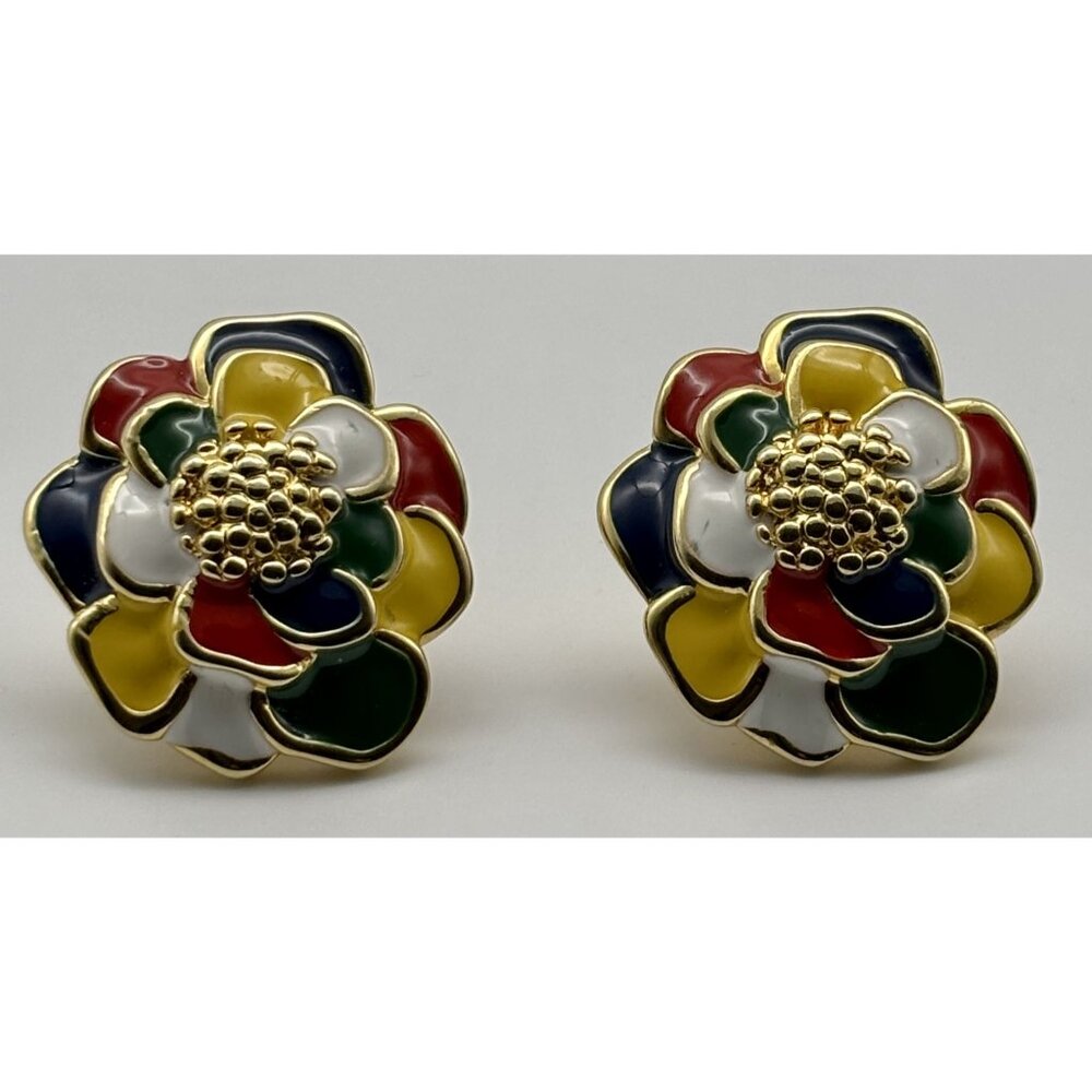Vintage Large Gold-Tone and Enamel Flower Earrings Clip-On Navy Yellow Red White